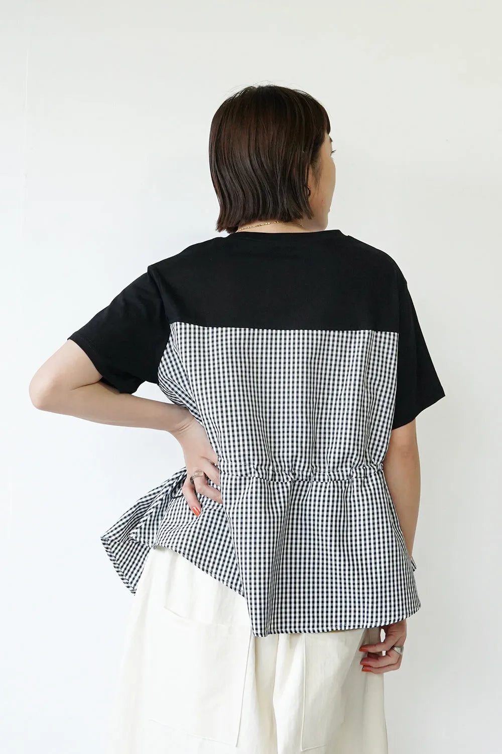 ギンガム切替ドロストカットソー
