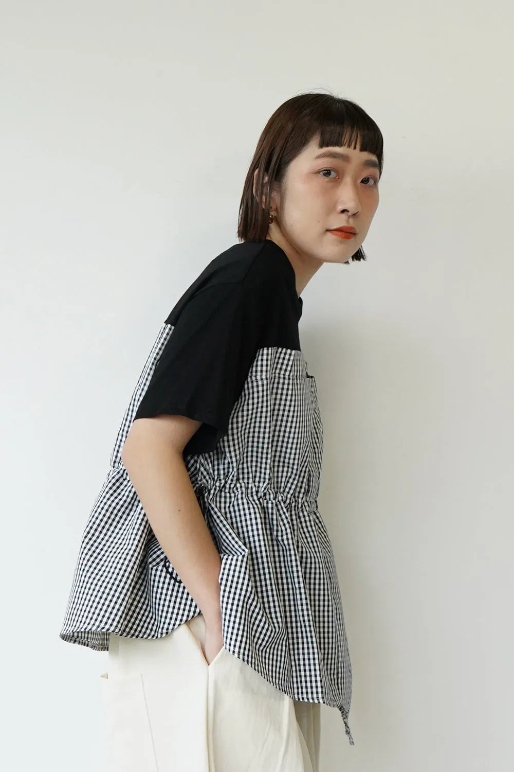 ギンガム切替ドロストカットソー