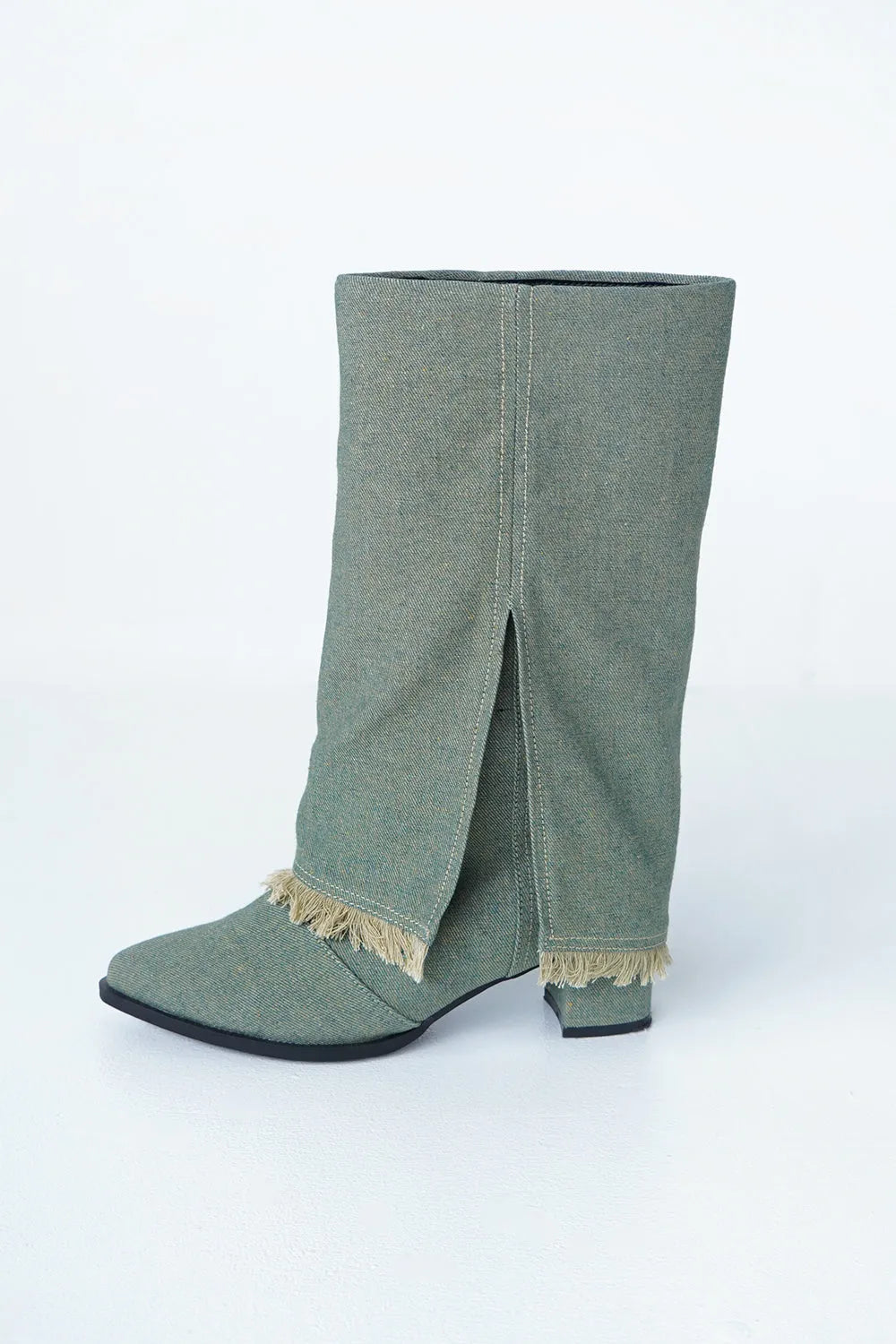 デニムフリンジロングブーツ