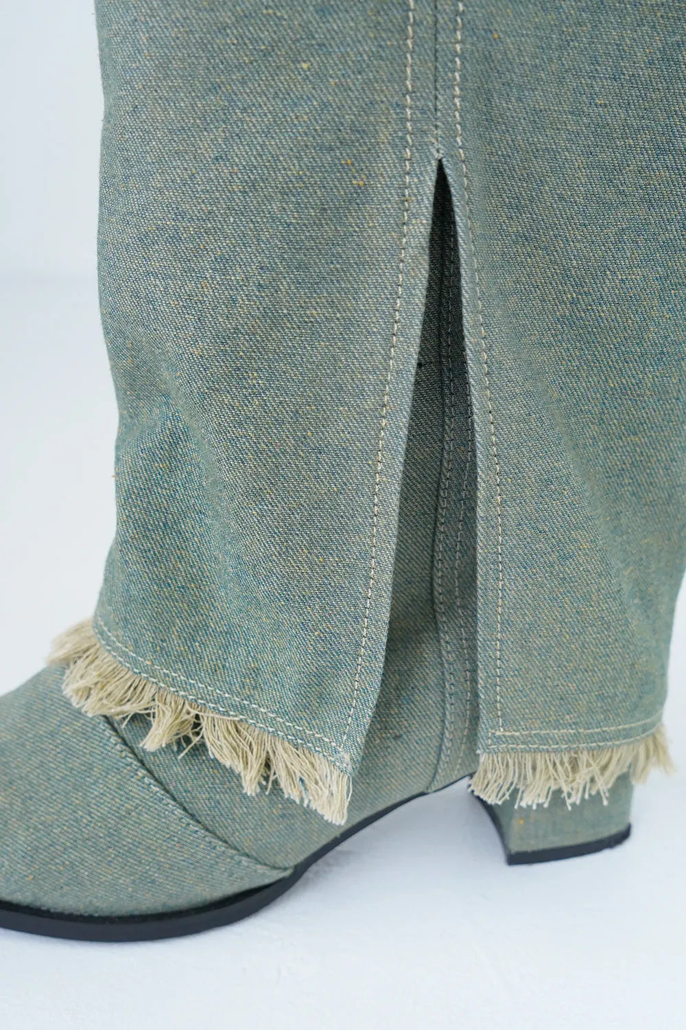 デニムフリンジロングブーツ