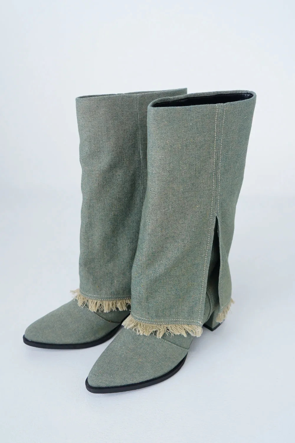 デニムフリンジロングブーツ