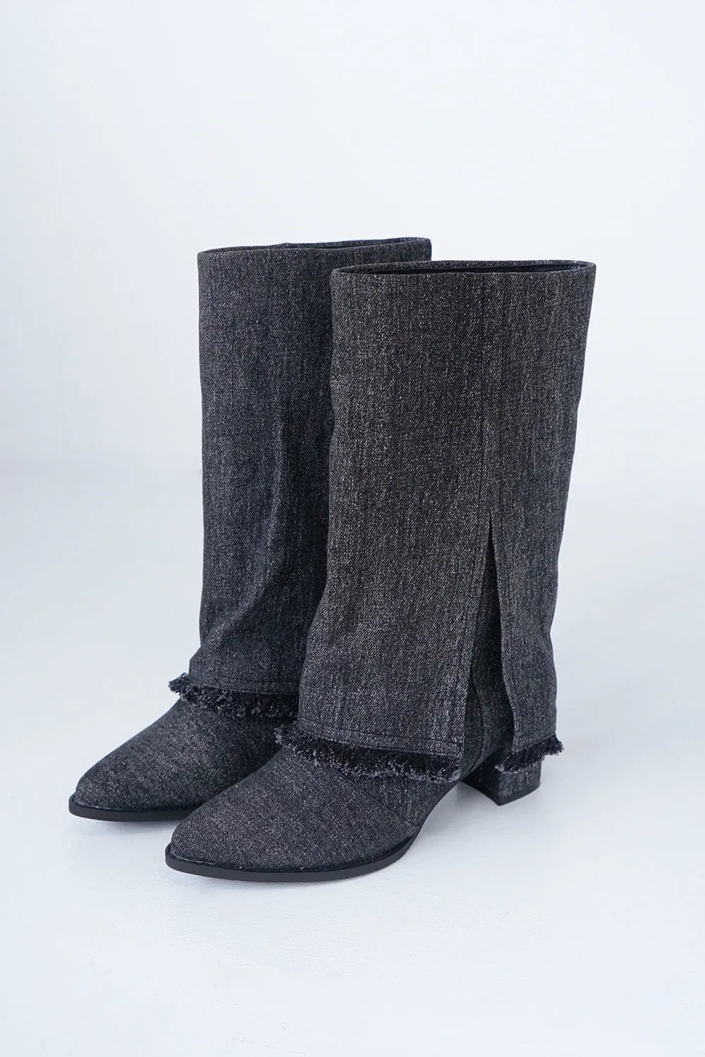 デニムフリンジロングブーツ