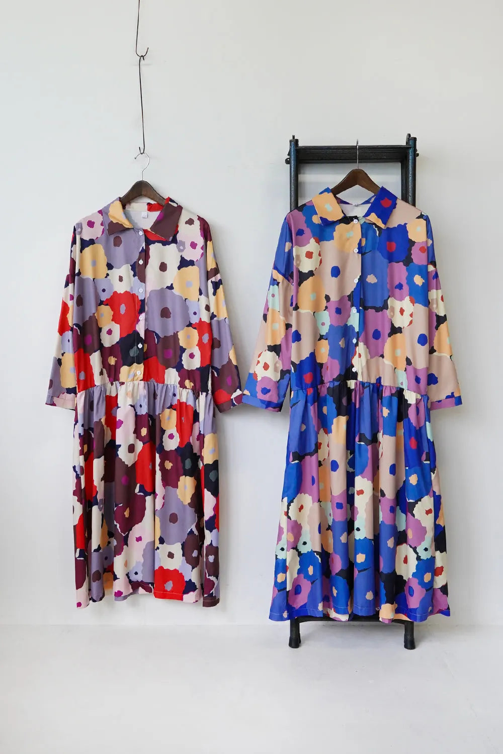 レトロ花柄ローウエスト切替ワンピース