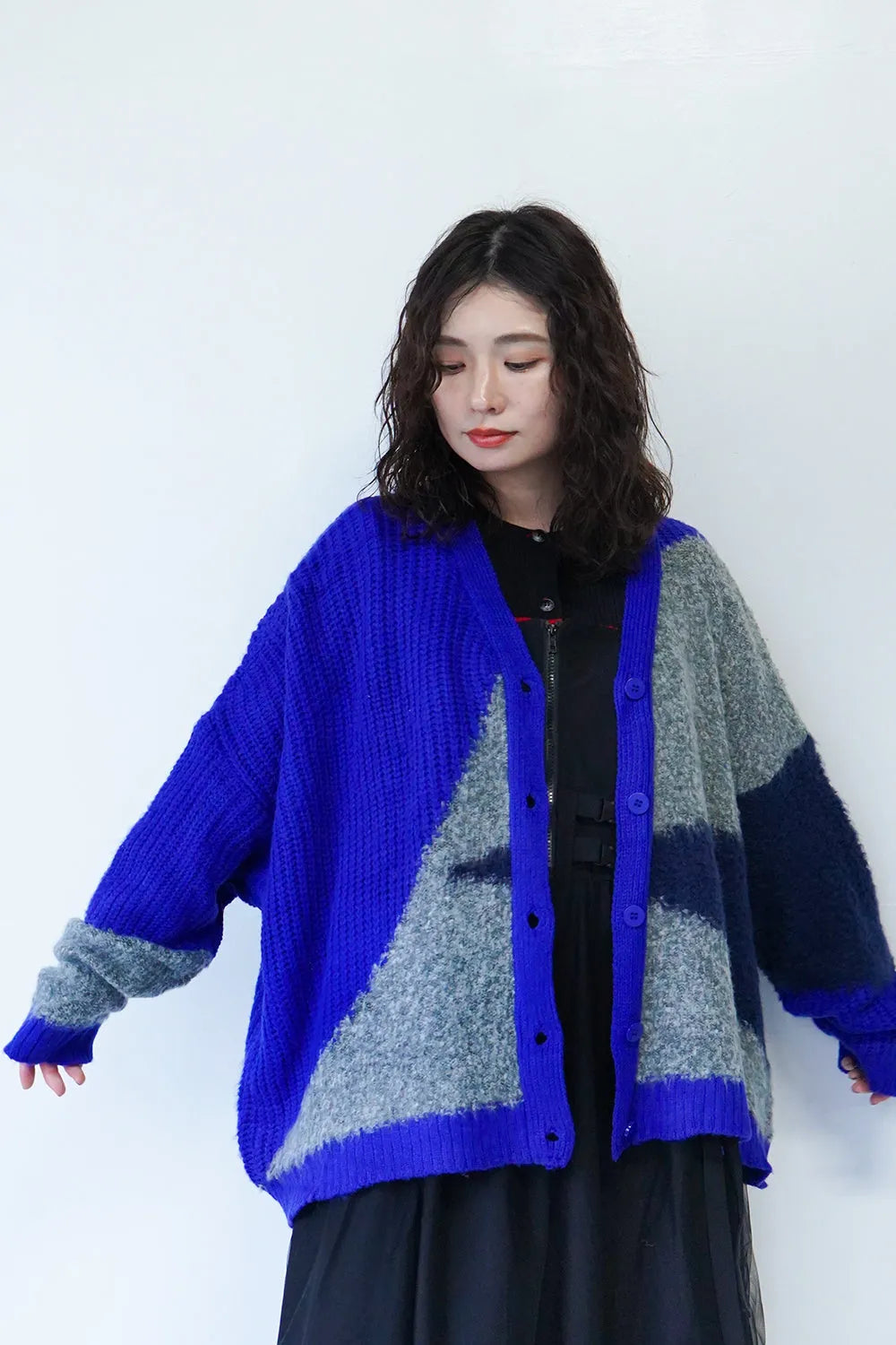 異素材切替ニットカーディガン