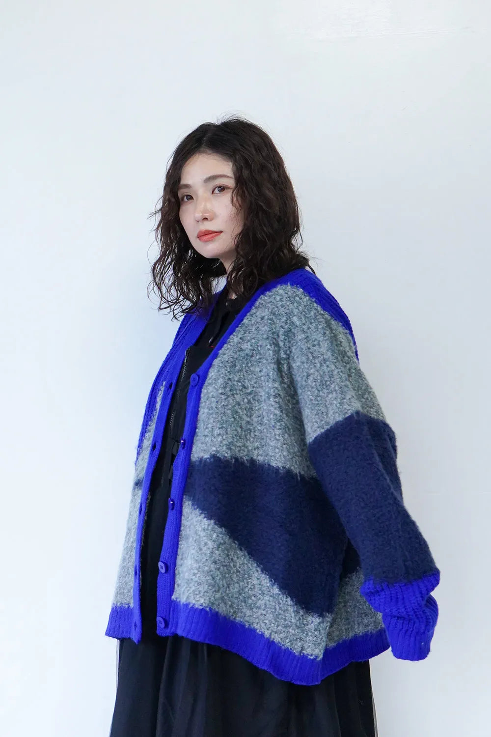 異素材切替ニットカーディガン