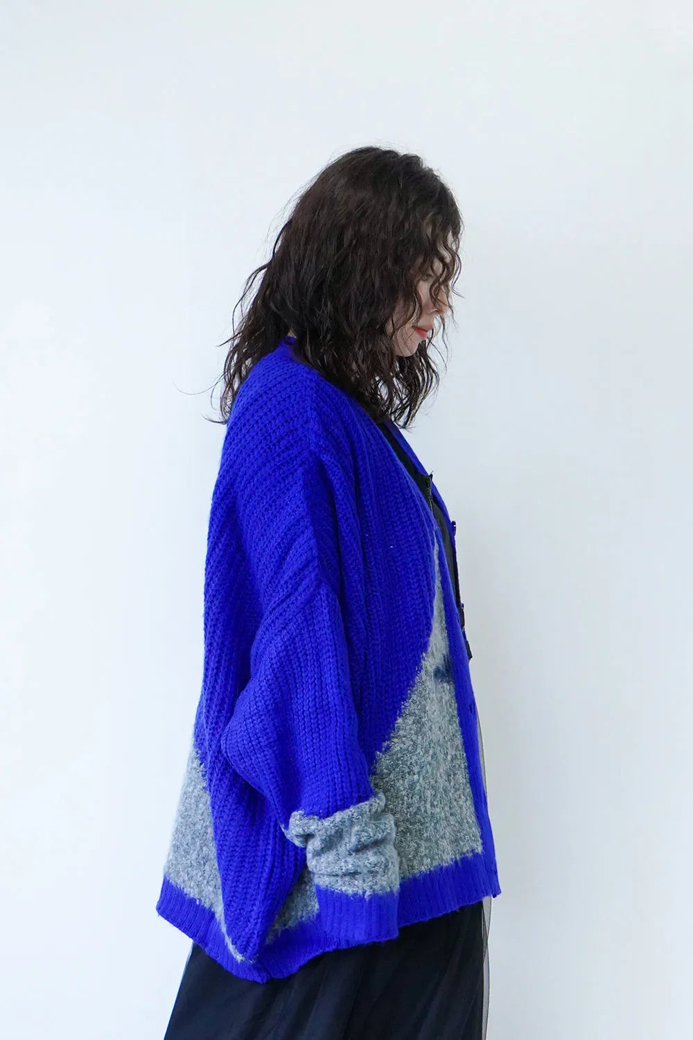 異素材切替ニットカーディガン