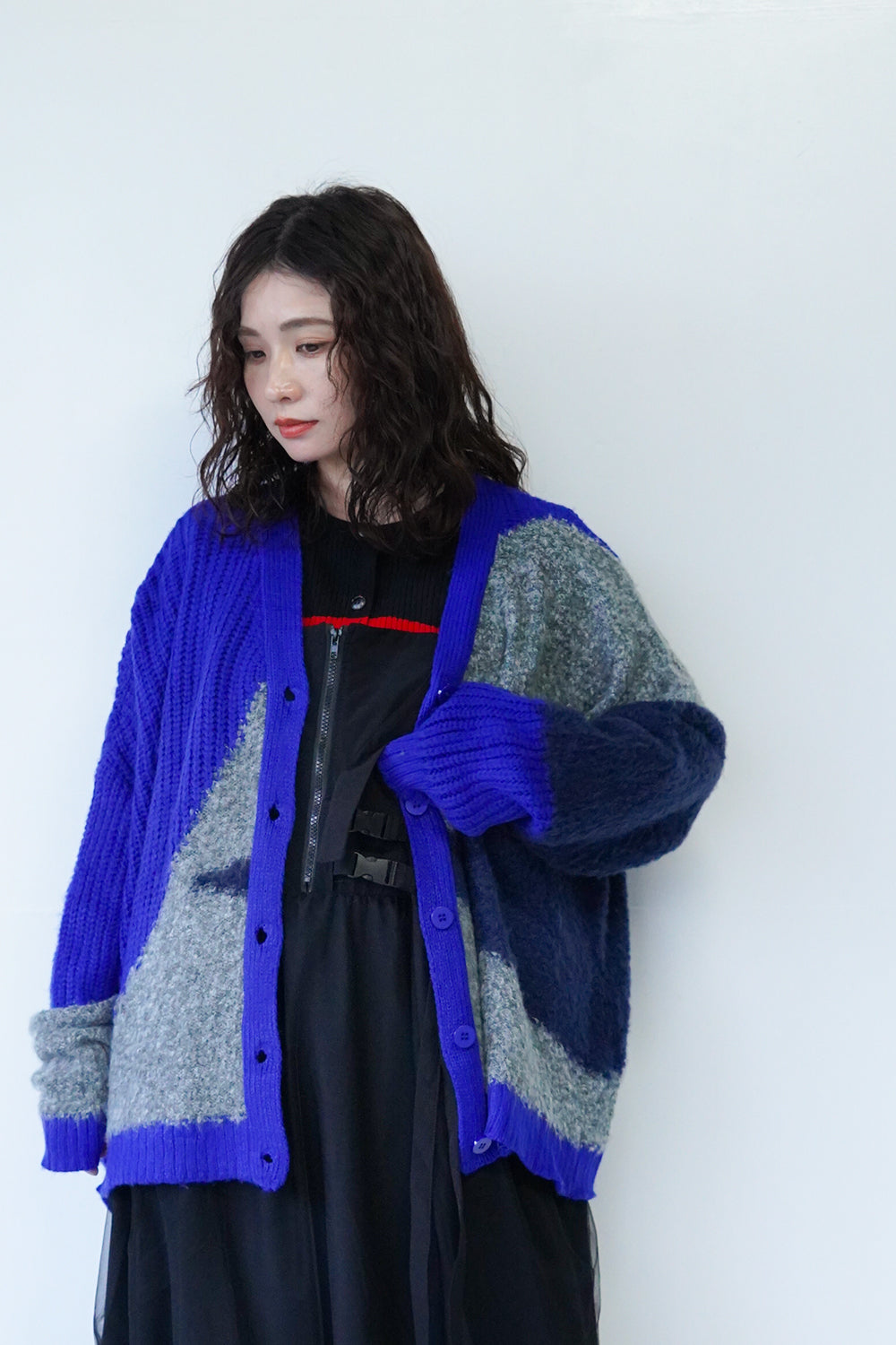 異素材切替ニットカーディガン