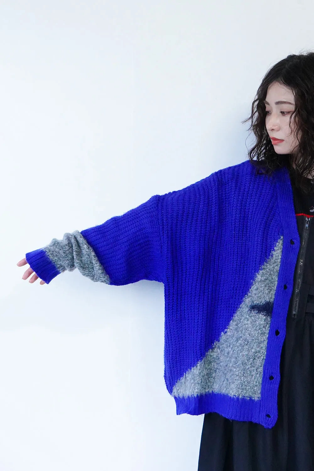 異素材切替ニットカーディガン