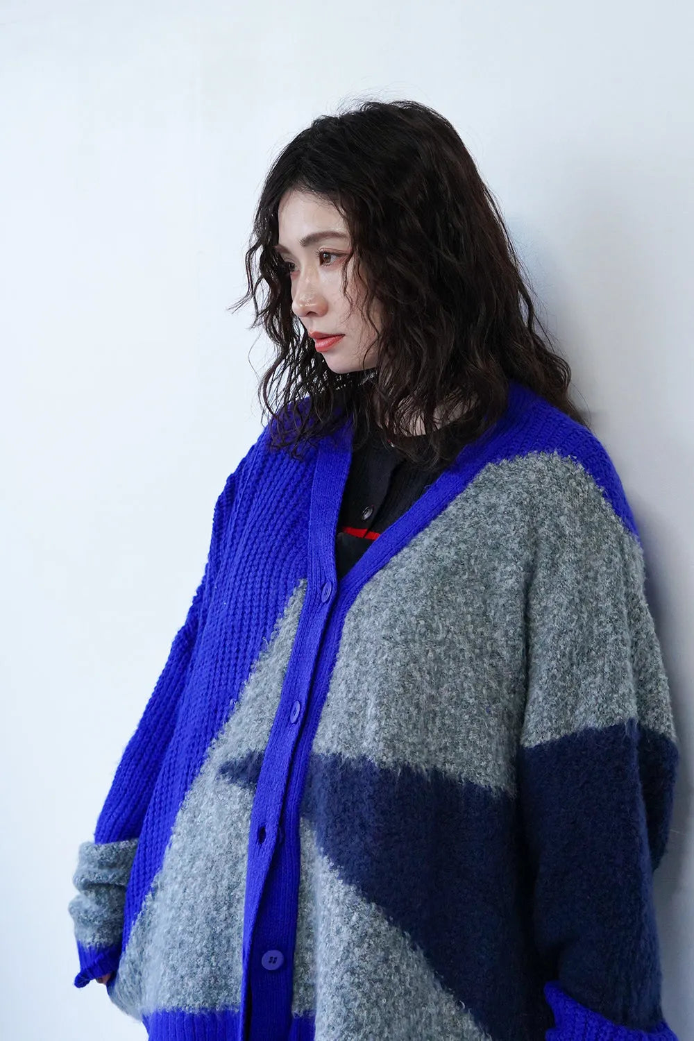 異素材切替ニットカーディガン