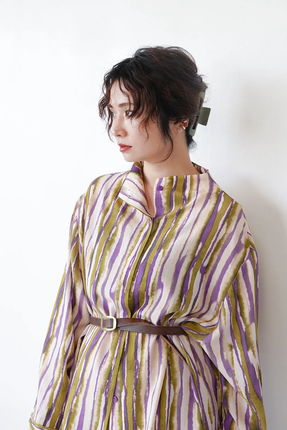 うねうねストライプハイネックチュニックブラウス