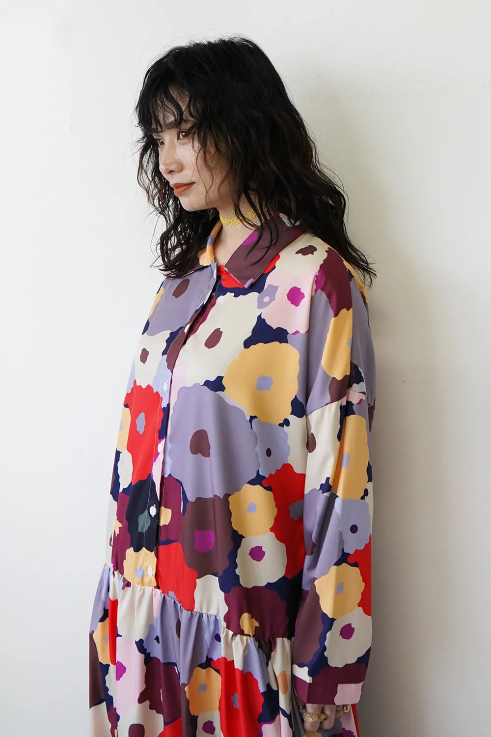 レトロ花柄ローウエスト切替ワンピース