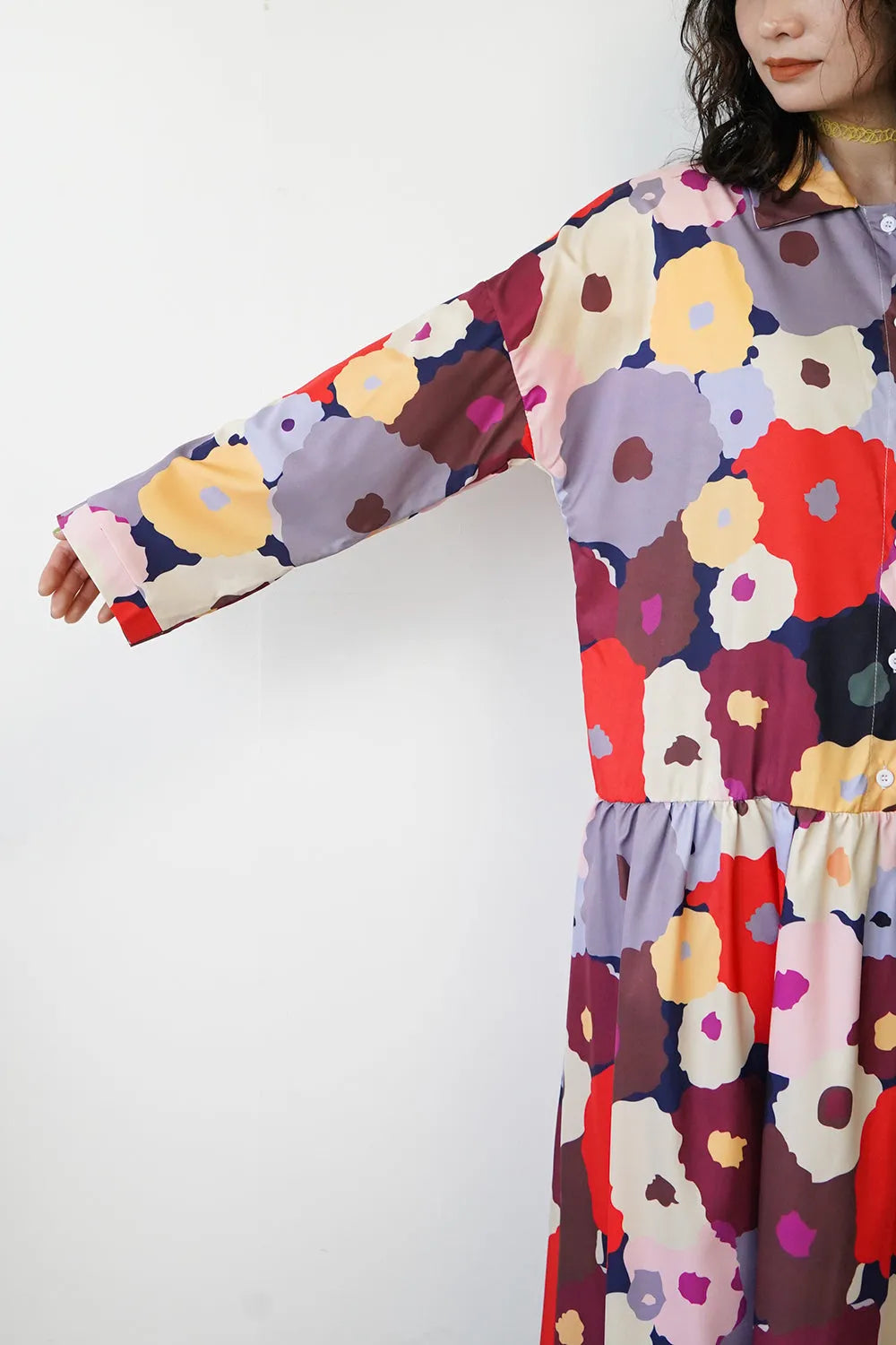 レトロ花柄ローウエスト切替ワンピース