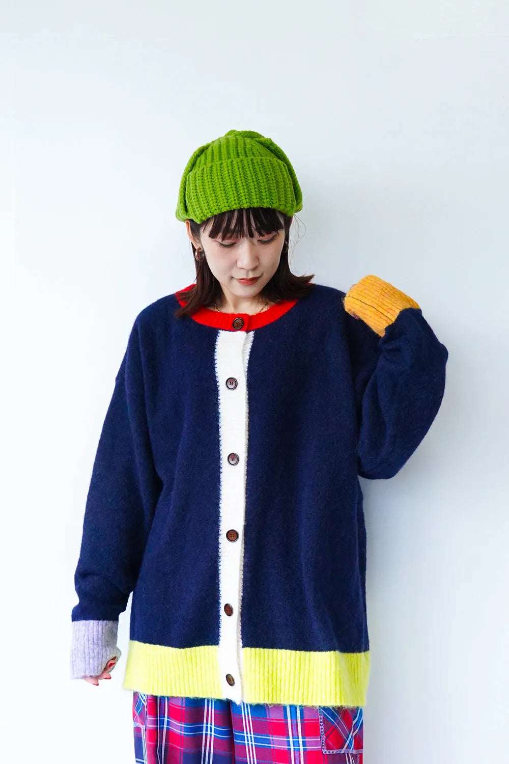 カラーブロックニットカーデ