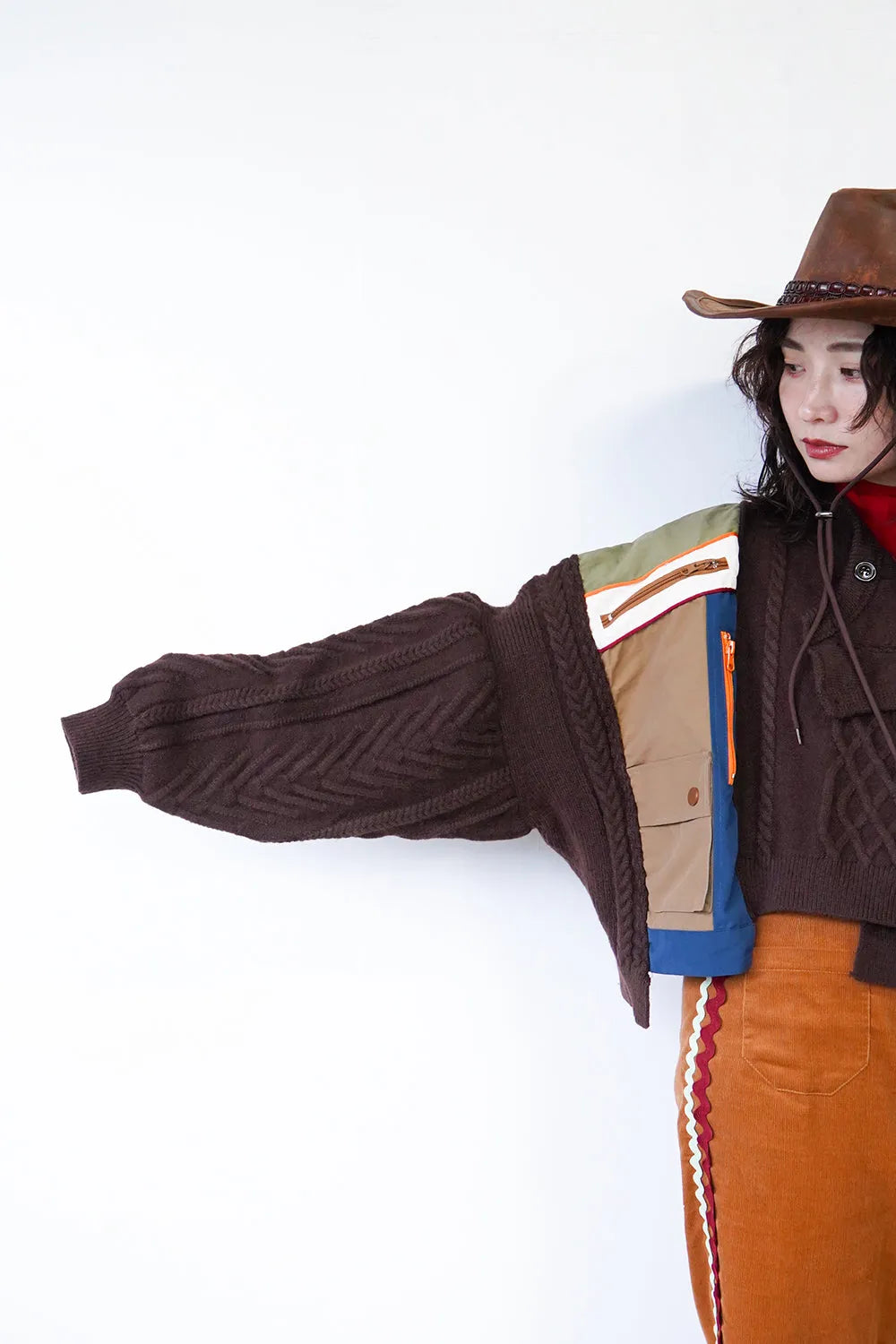 異素材ドッキングアシメニットカーデ