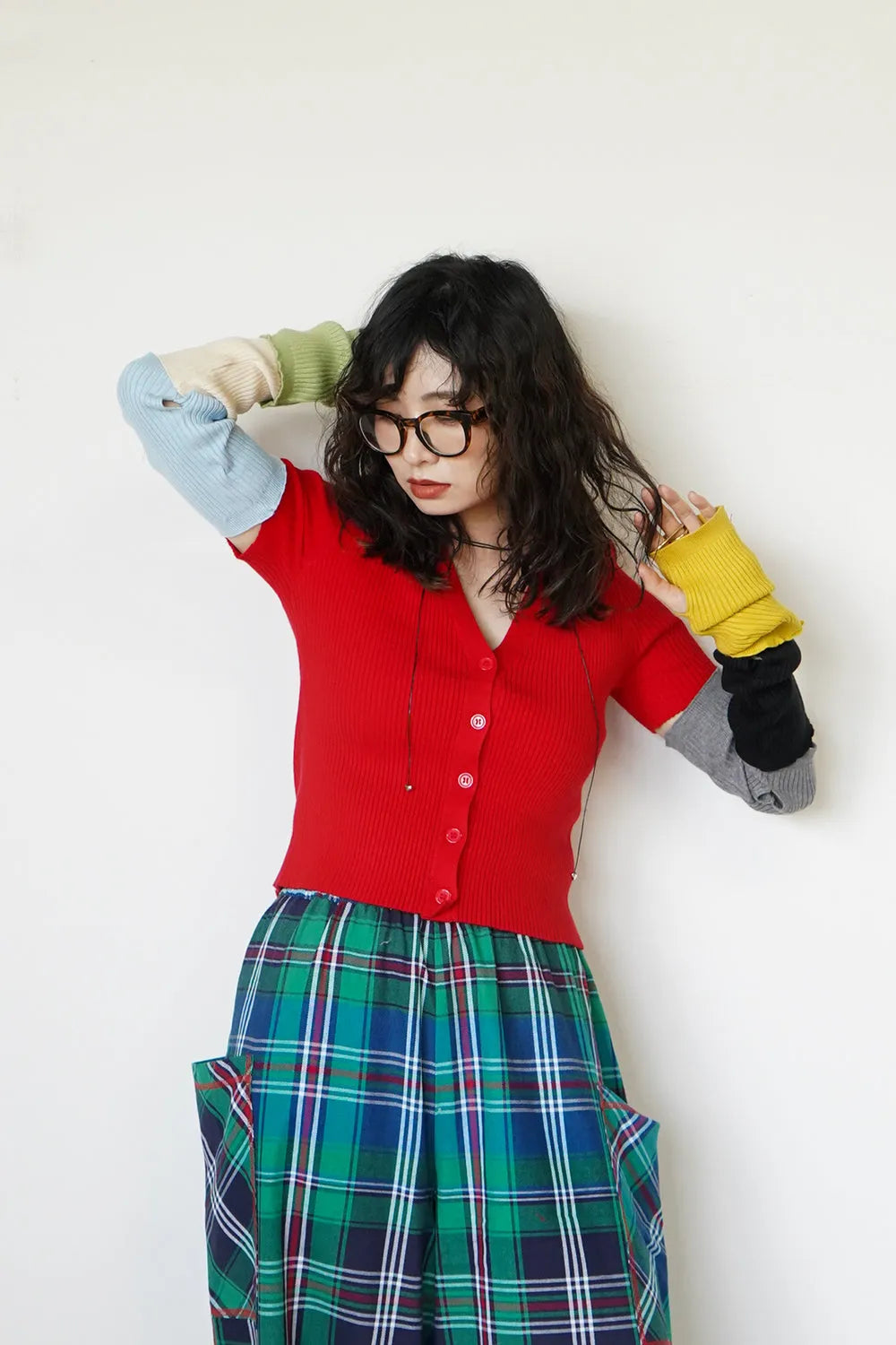 つぎはぎ配色スリーブリブニットカーディガン