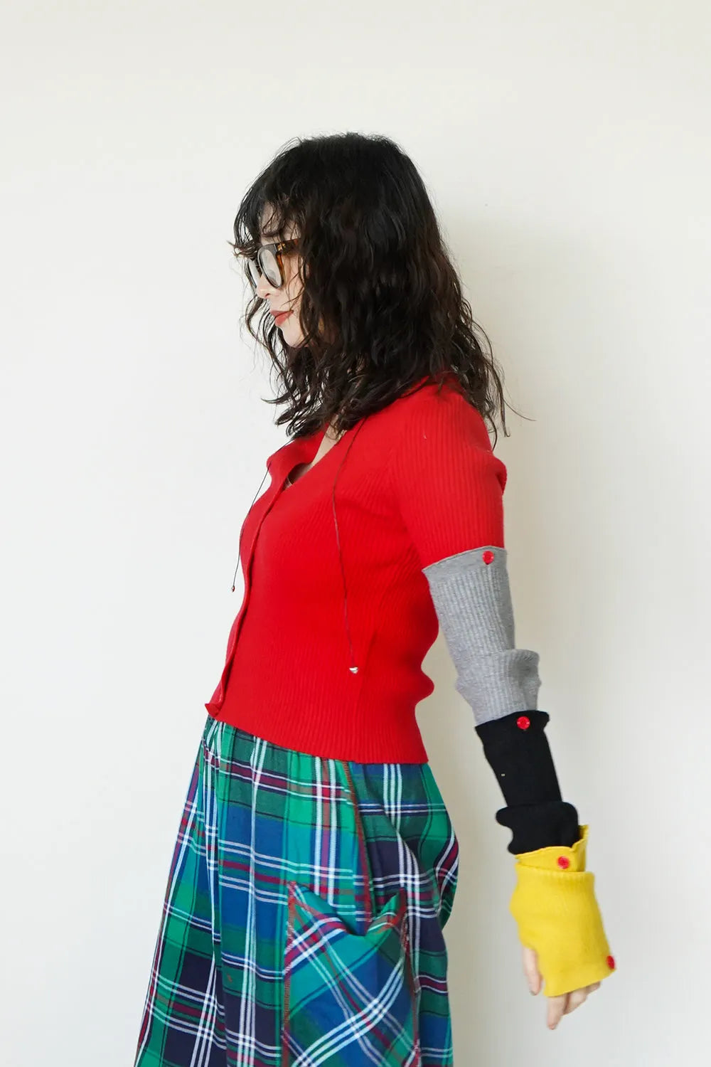 つぎはぎ配色スリーブリブニットカーディガン