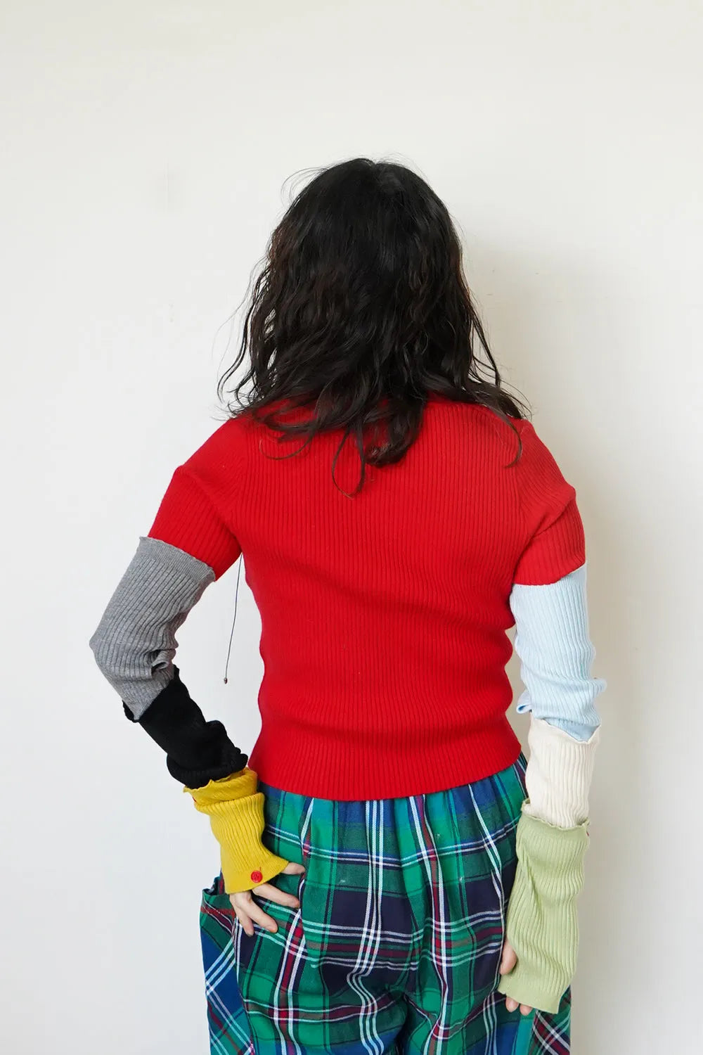 つぎはぎ配色スリーブリブニットカーディガン