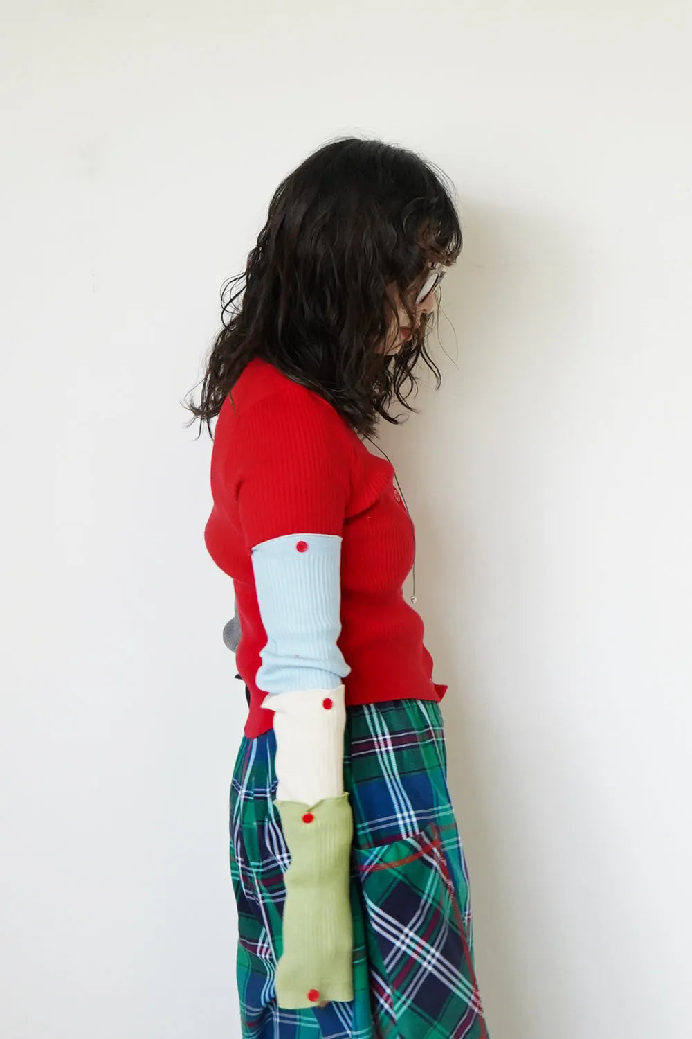 つぎはぎ配色スリーブリブニットカーディガン