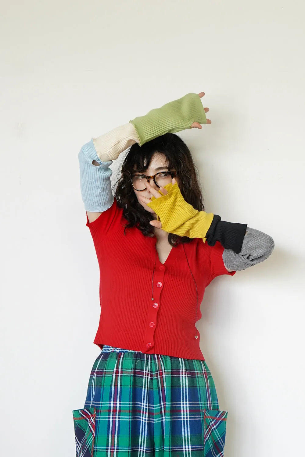 つぎはぎ配色スリーブリブニットカーディガン