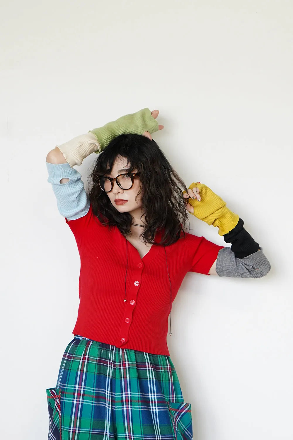 つぎはぎ配色スリーブリブニットカーディガン