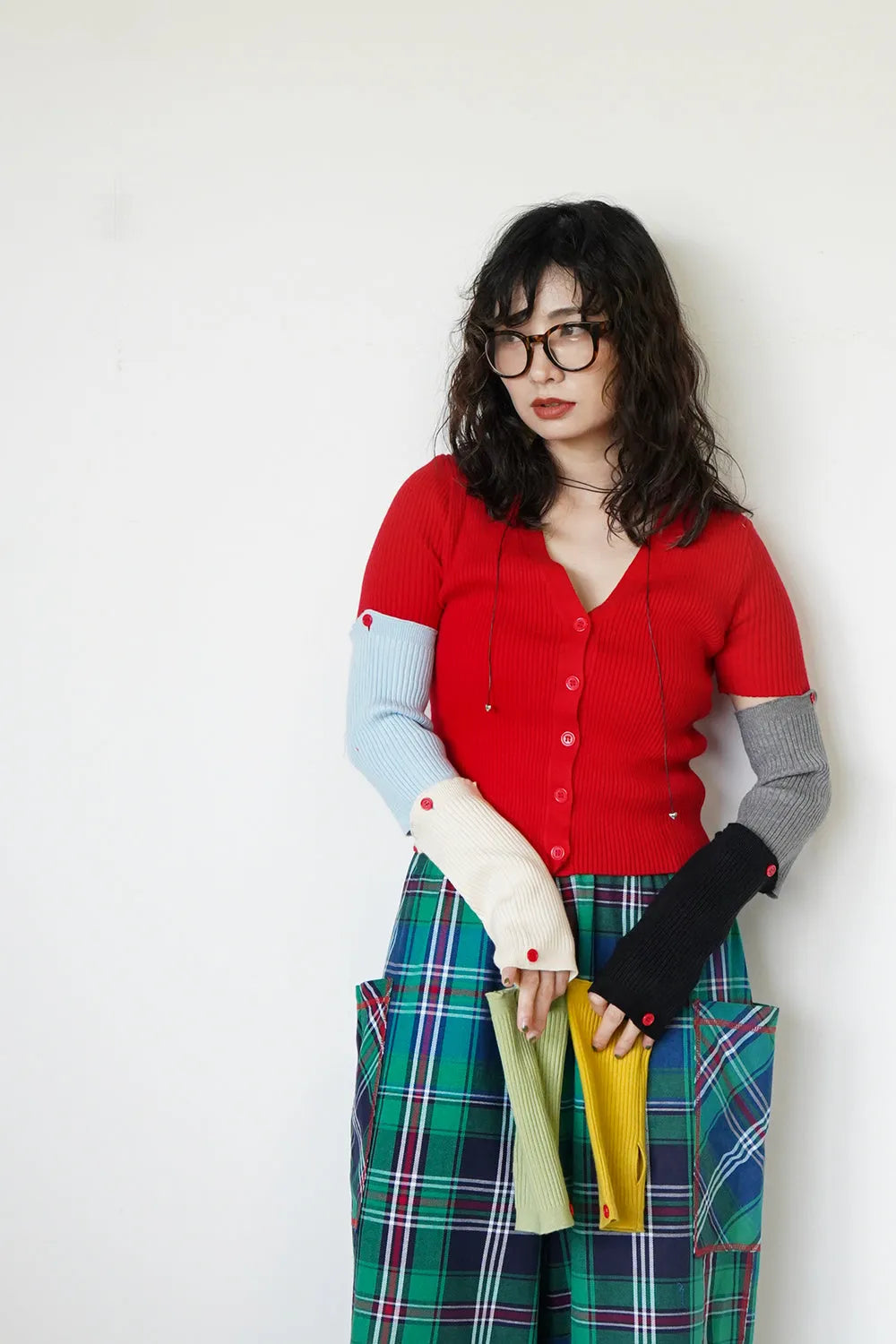 つぎはぎ配色スリーブリブニットカーディガン