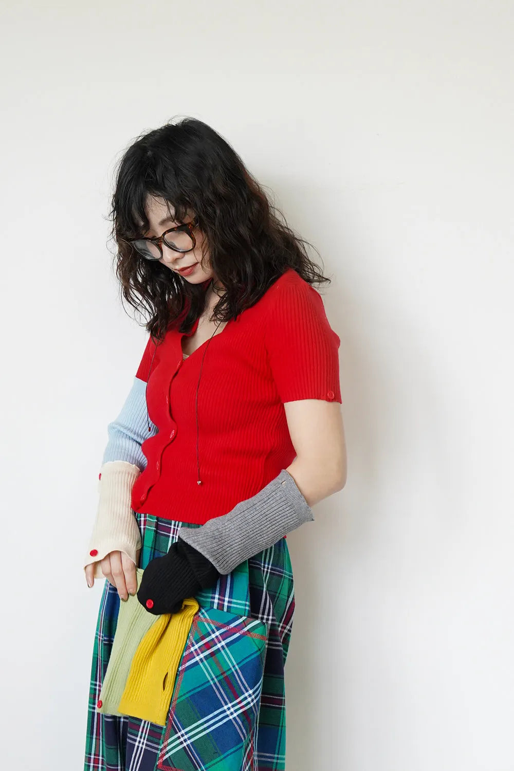 つぎはぎ配色スリーブリブニットカーディガン