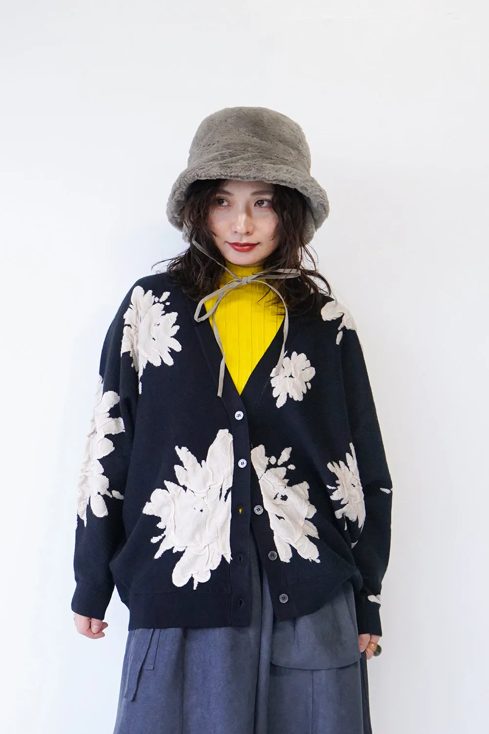 フラワージャガードニットカーデ