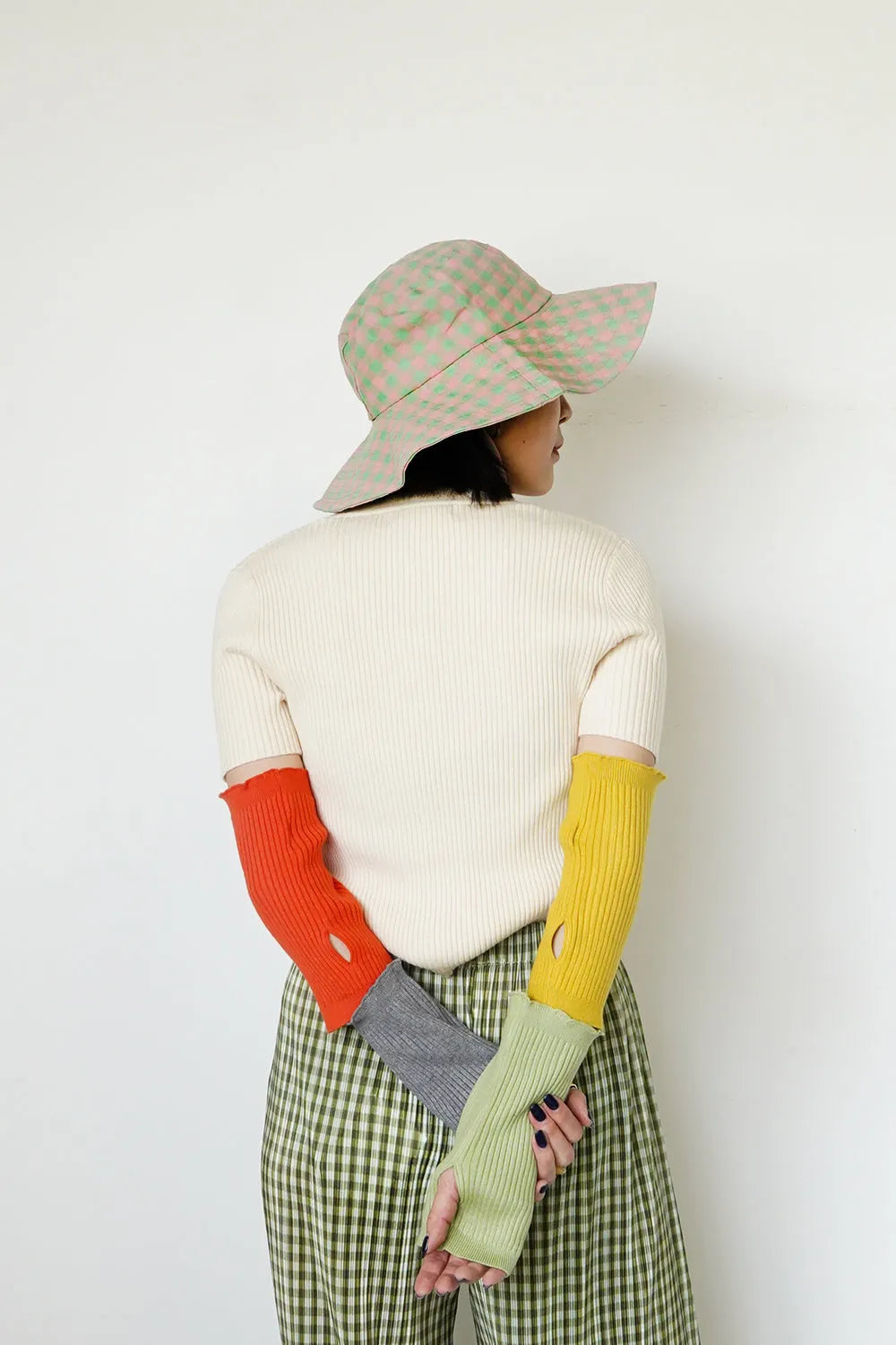 つぎはぎ配色スリーブリブニットカーディガン