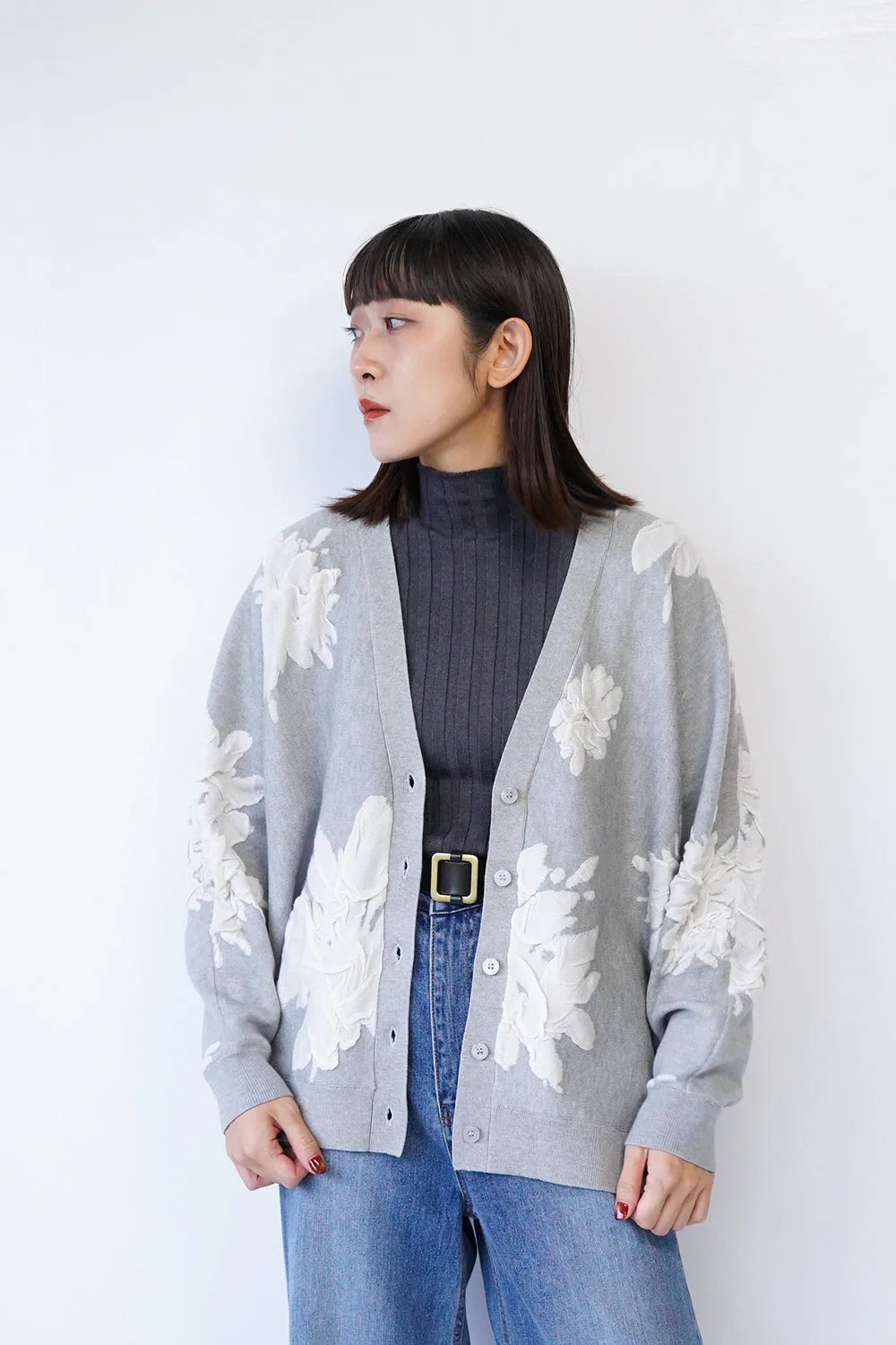 フラワージャガードニットカーデ