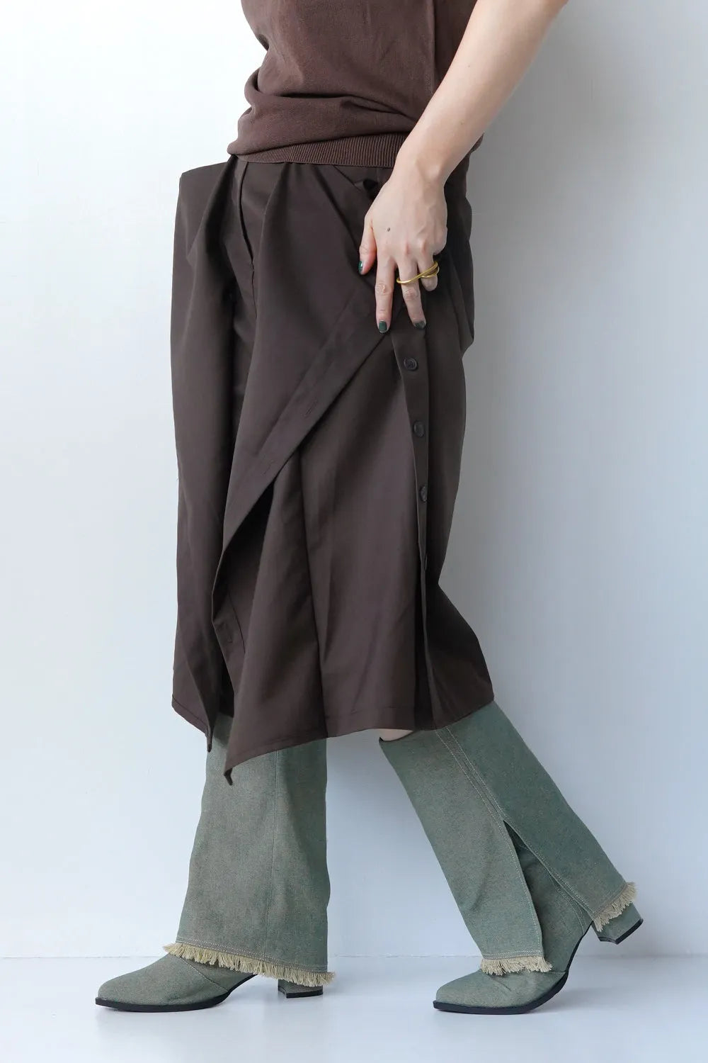 デニムフリンジロングブーツ