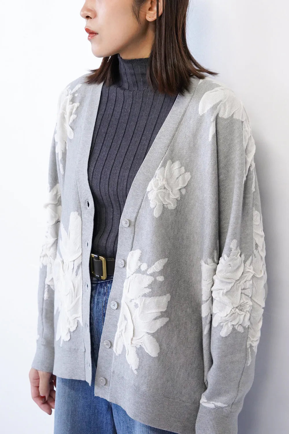 フラワージャガードニットカーデ