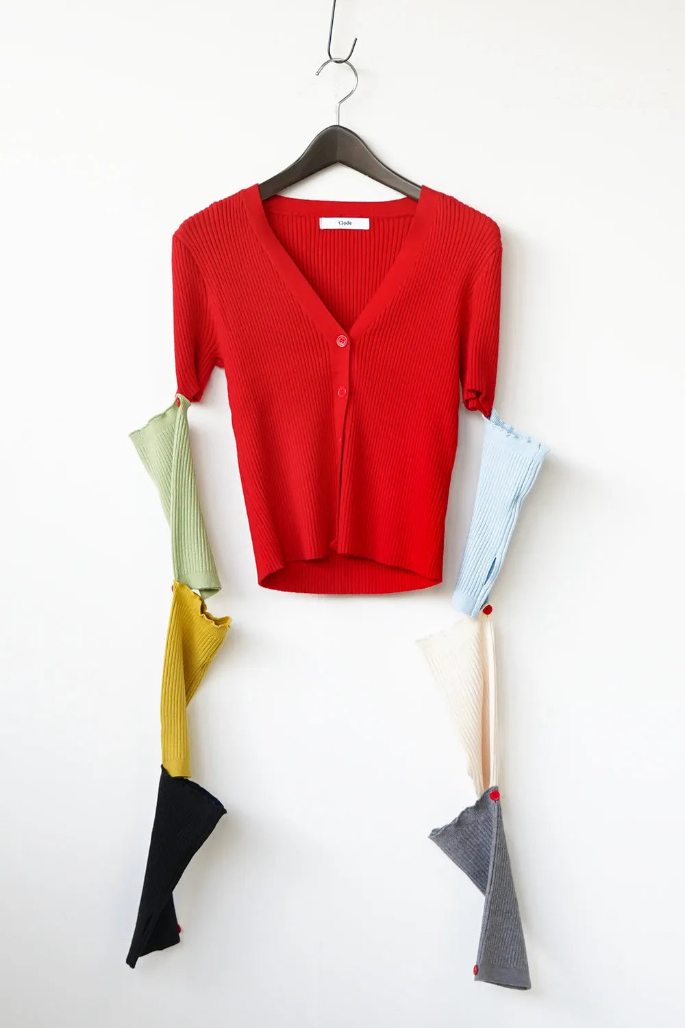 つぎはぎ配色スリーブリブニットカーディガン