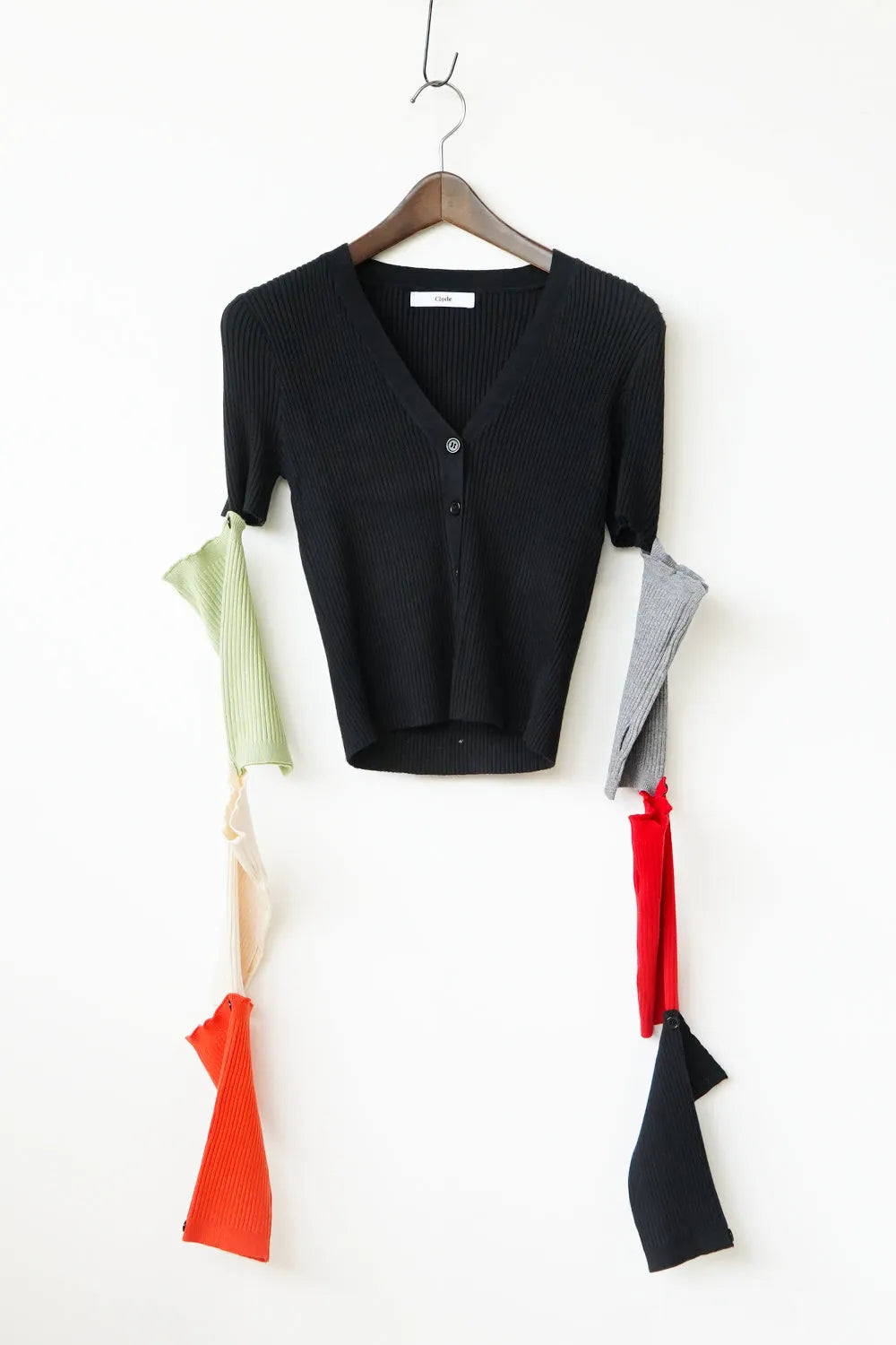 つぎはぎ配色スリーブリブニットカーディガン