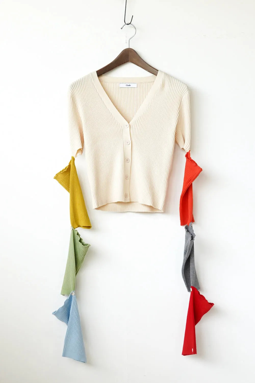 つぎはぎ配色スリーブリブニットカーディガン