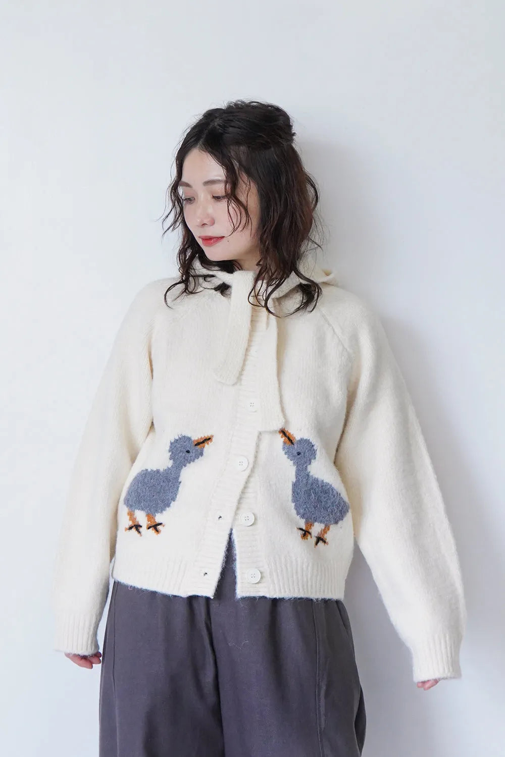鳥柄ニットカーディガン&フードSET