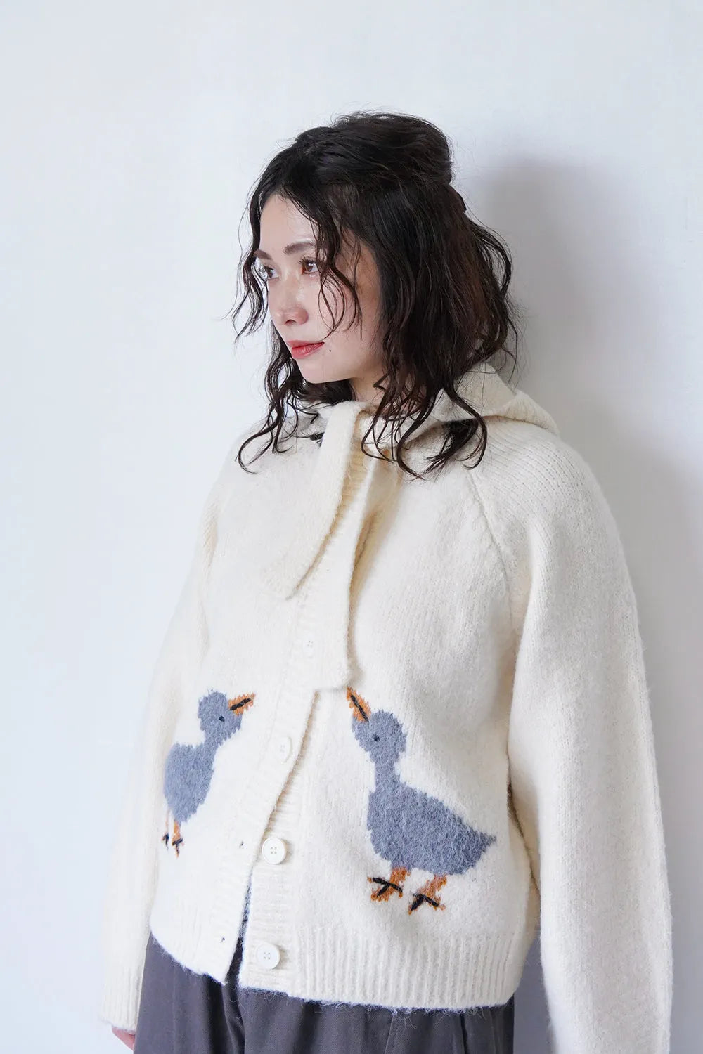 鳥柄ニットカーディガン&フードSET