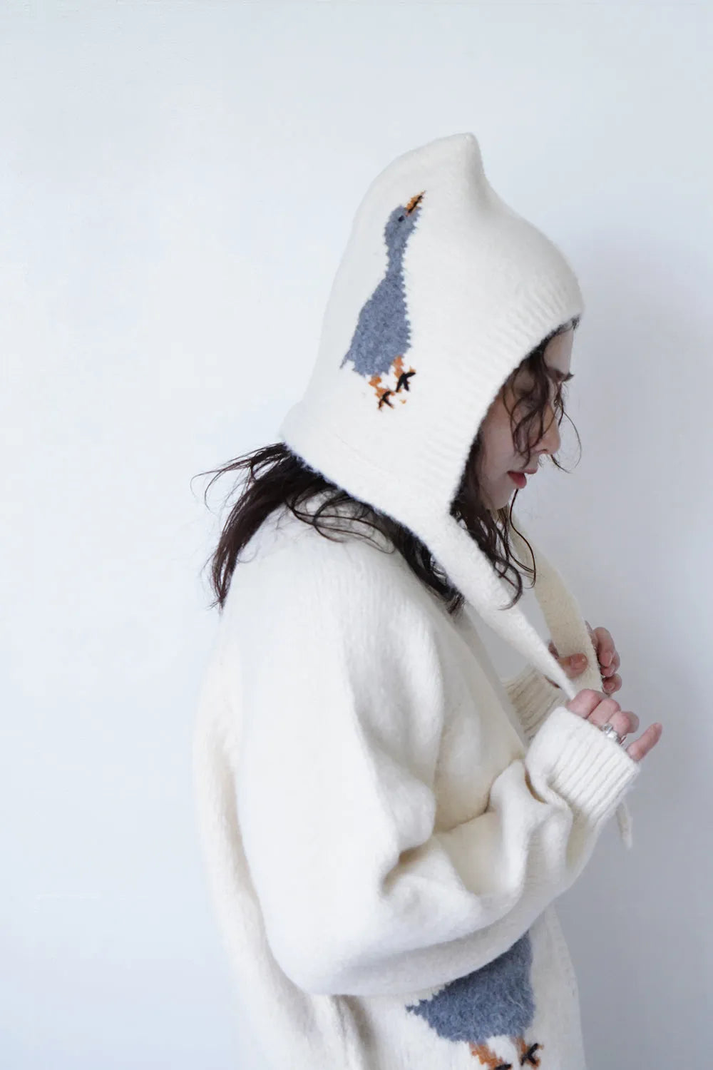 鳥柄ニットカーディガン&フードSET