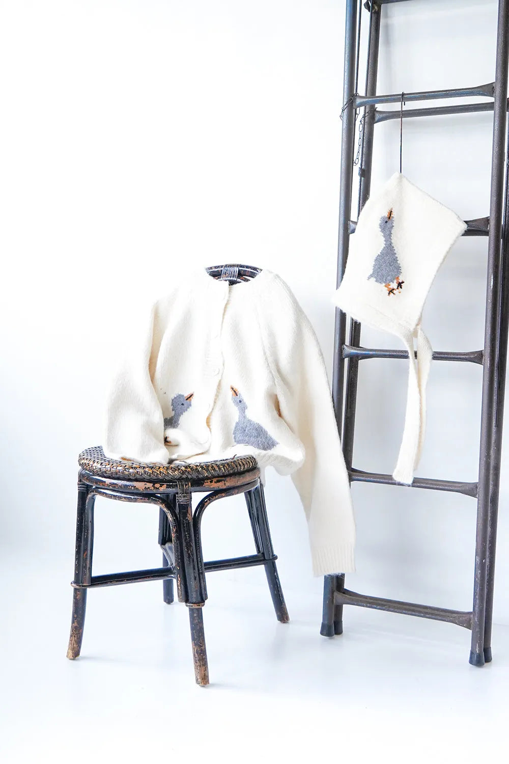 鳥柄ニットカーディガン&フードSET