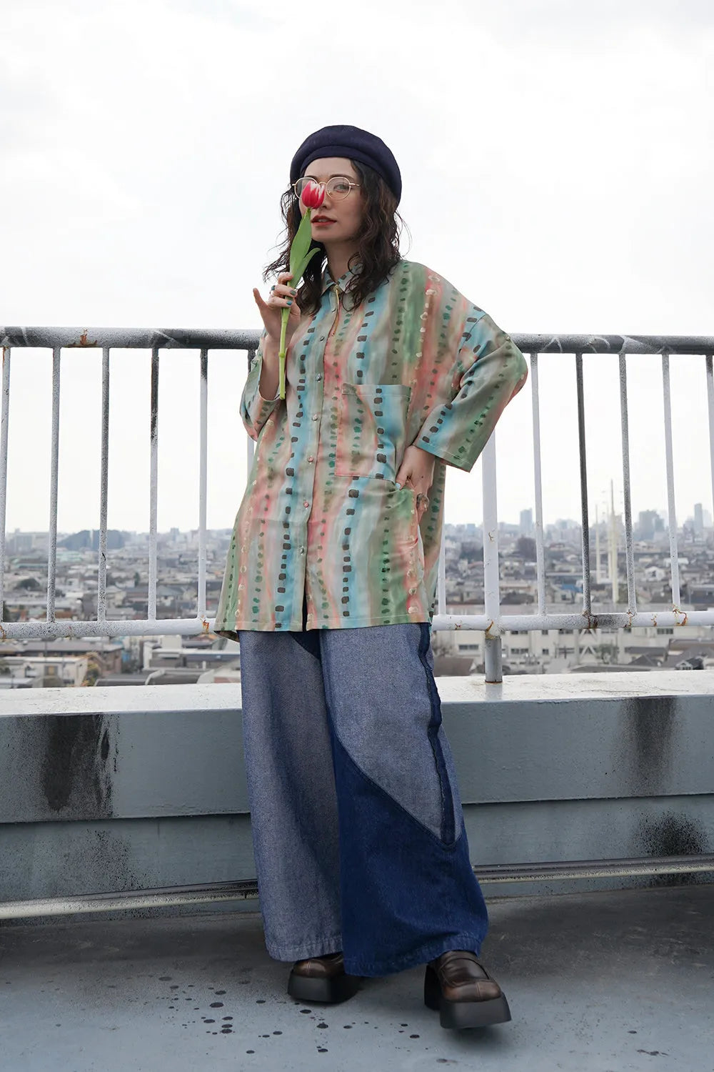 【LILA n’citta】ストライプドットオーバーシャツ