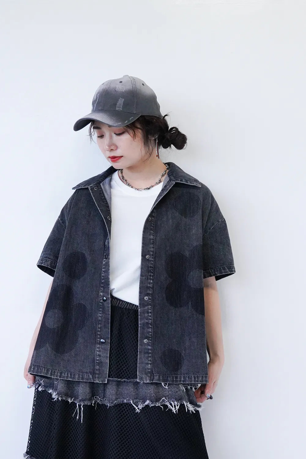 ドット✕フラワープリントデニムシャツ