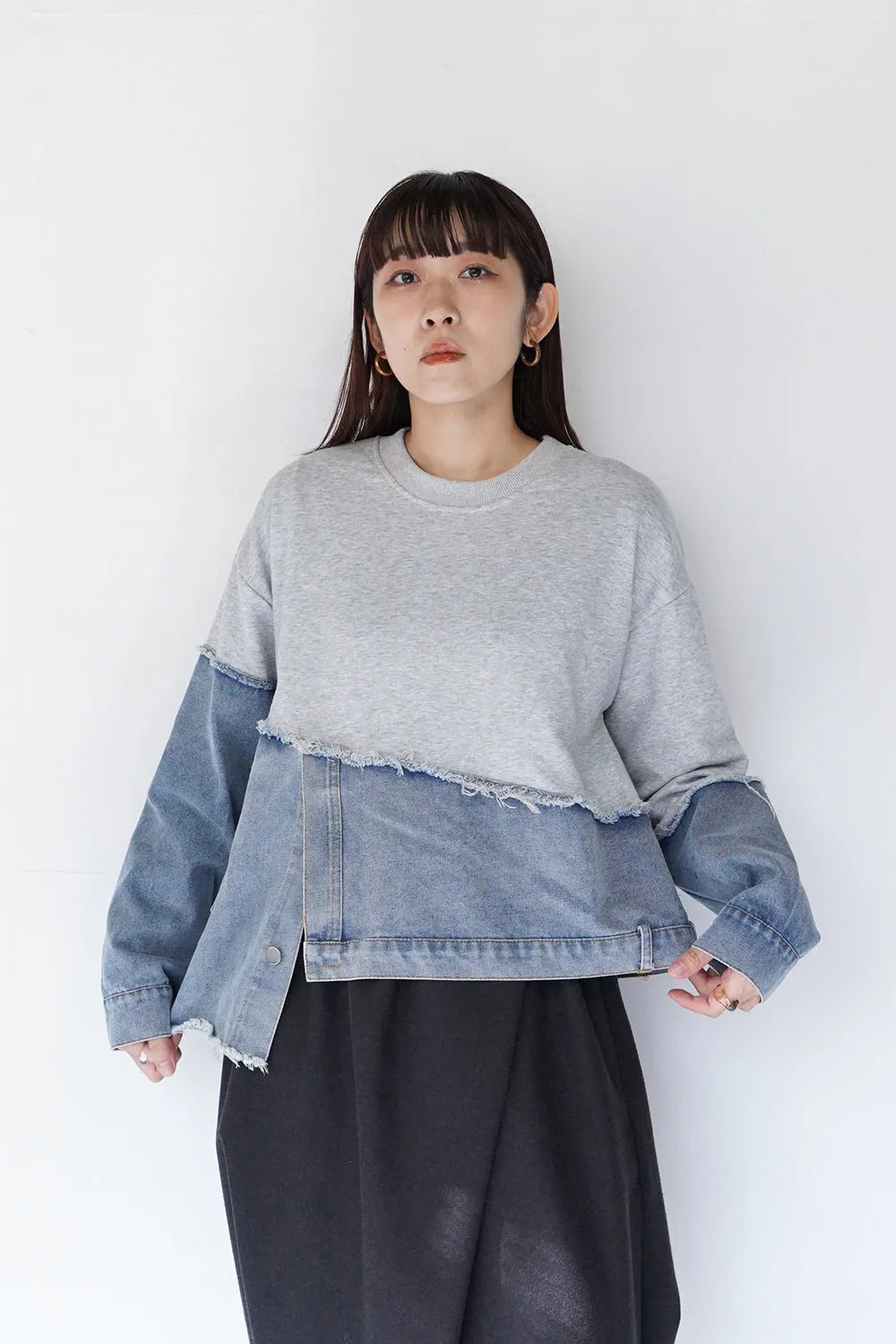 【予約販売】スウェット×デニム切替アシメプルオーバー