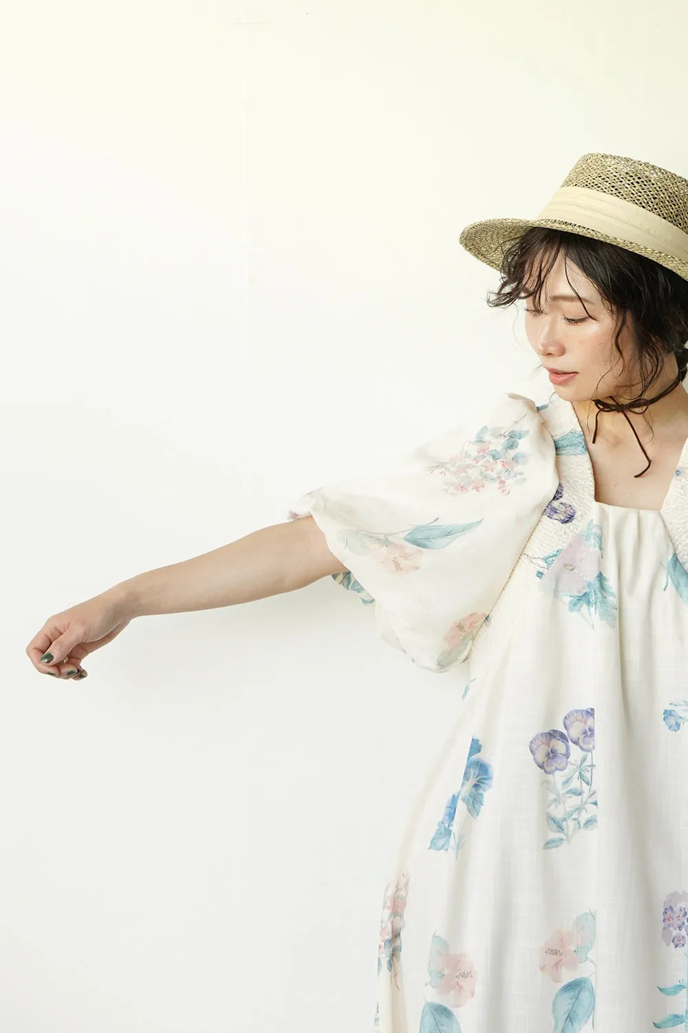 パステル花柄 ボリュームスリーブワンピース