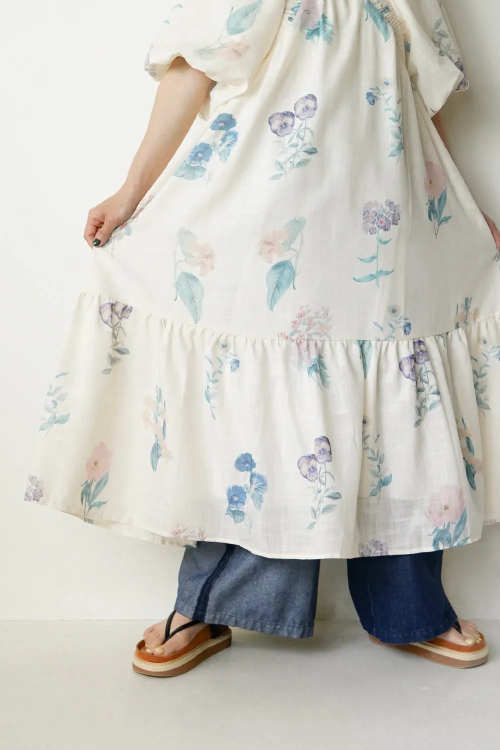 パステル花柄 ボリュームスリーブワンピース